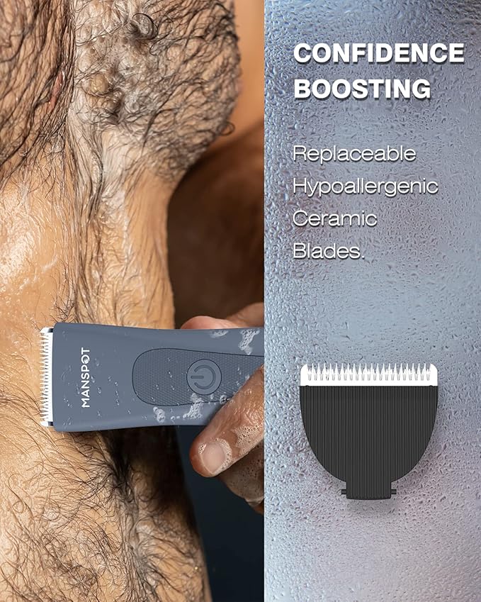 MANSPOT Electric Groin Hair Trimmer Hair Finishing Trimmers Men's Shaving &amp Grooming Sets Kit with 4 Guards and Replaceable Ceramic Blade HeadsWaterproof Wet/Dry Trimmer90 Minutes Shaving Tools