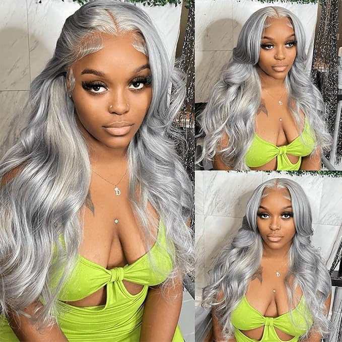 Grey Lace Front Wigs Human Hair 180% Density 13x4 HD Transparent Lace Frontal Wig Real Human Hair Pre Plucked Bleached Knots Gray Silver Color Brazilian Virgin Glueless Wigs for Black Women 20 Inch