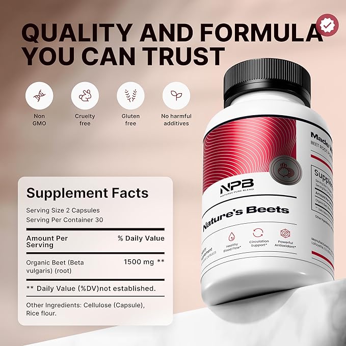 Nature's Pure Blend Organic Beet Root Powder Capsules ? Beet Root Capsules &amp Beets Supplements for Circulation ? L Arginine ? Nitric Oxide Supplements ? 1500MG