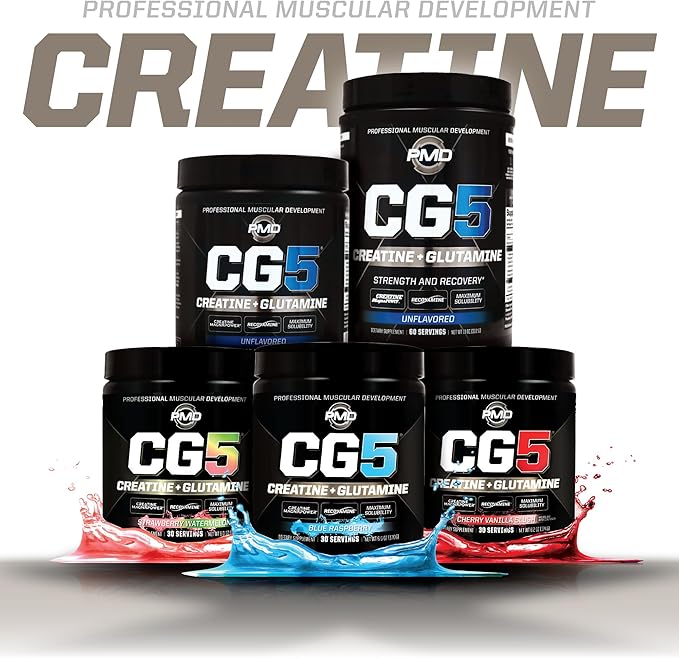 PMD Sports CG5 - Premium Creatine and L Glutamine Powder - Maximum Strength Power Recovery Build Lean Muscle Increase Performance - Pre-Workout and Post Workout - Cherry Vanilla Slush (30 Servings)