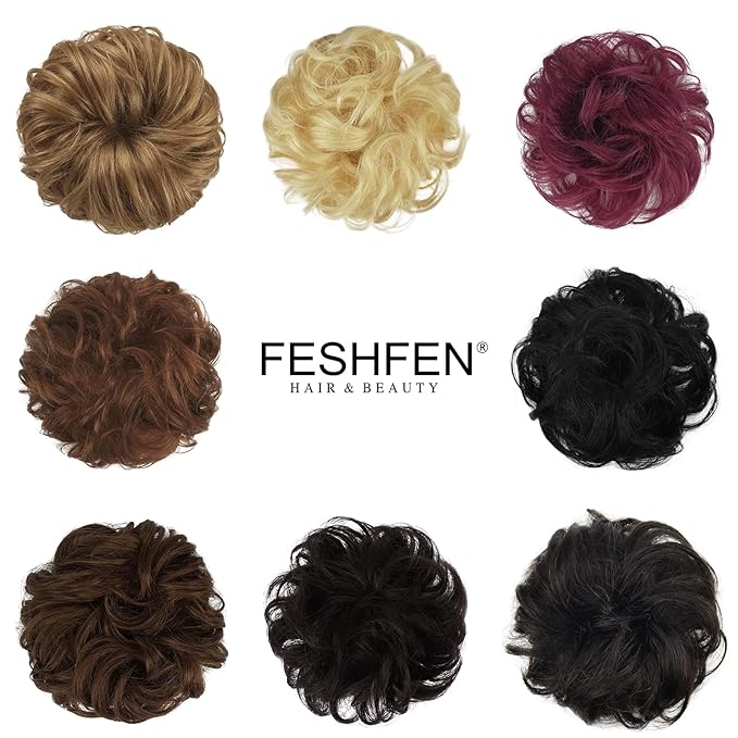FESHFEN Human Messy Buns - 100% Human Hair Bun Real Scrunchies Hair Pieces Ponytail Extensions Wavy Tousled Updo Chignon Hairpieces for WomenLight Brown Mixed Blonde