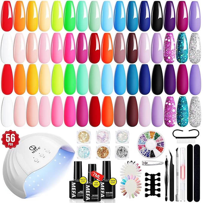MEFA 56 Pcs Gel Nail Polish Kit with U V Light 32 Colors Bright Neon Spring Summer Fall Pink Gel Polish Nail Set Essential Manicure Tools Nails Decorations Gifts for Women
