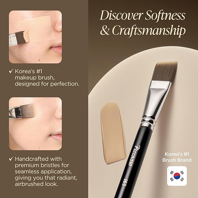 Piccasso 163 Foundation Brush ? Dense Makeup Brush for Liquid &amp Cream Foundation Soft Synthetic Bristles for Flawless Coverage and Face Makeup Professional Korean Beauty Tool for Daily