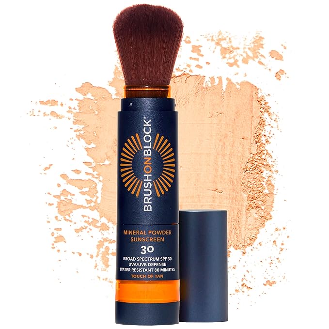 Brush On Block New Formula SPF 30 Mineral Powder Sunscreen Touch of Tan Refillable Broad Spectrum Water Resistant Face Protection For All Skin Types Subtle Hint of Color Reef Friendly