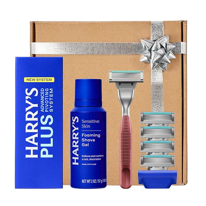 HARRY'S PLUS: Shaving Kit for Men ? Gift Box with Premium Handle 5 Razor Blade Cartridges 2 oz Foaming Shave Gel &amp Travel Cover Advanced Pivoting System ? Clay