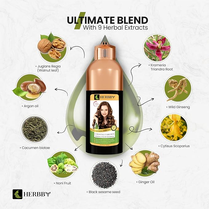 HERBBY Gray Hair Coverage Shampoo &amp Conditioner - Color Transform with 9 Herbal Extracts Long-Lasting (6-8 Weeks) Shiny Even Coloring Instant Hair Dye 500 ml (CHESTNUT BROWN)