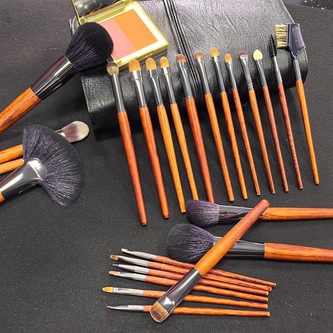 Professional Makeup Brush Set 24 Pieces with Leather Case Natural Hair Bristles Wooden Handles