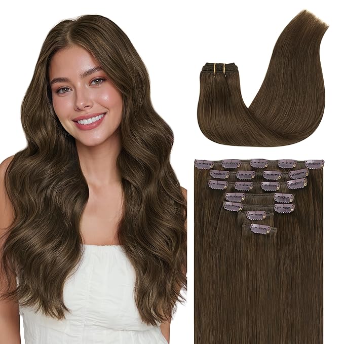 GOO GOO Clip in Hair Extensions Real Human Hair Remy Human Hair Extensions Clip ins for Women Natural Human Hair 14inch 120g 7 Pcs #4H Light Chocolate Brown