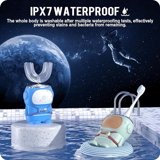 Ultrasonic Kid's U-Shaped Electric Toothbrush IPX7 Waterproof Five Cleaning Modes 60S Smart Reminder (Cartoon Astronaut Green Ages 2-6)