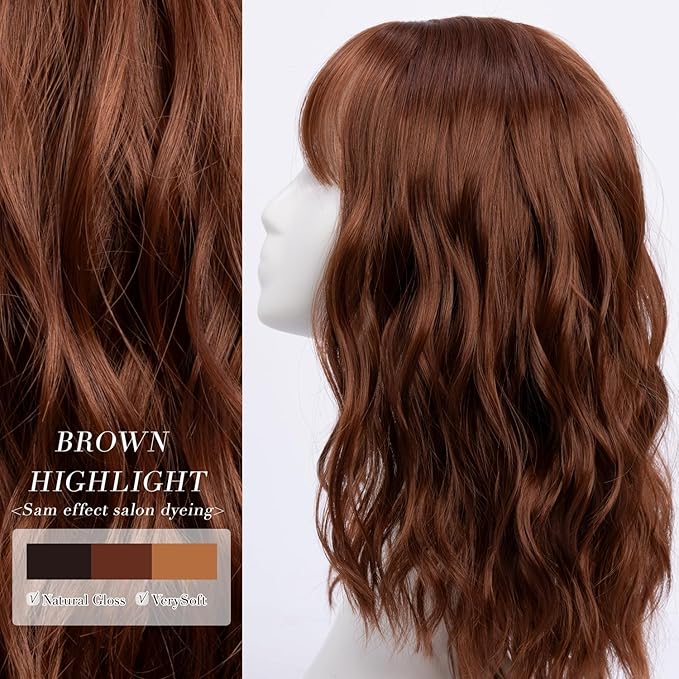 Medium Length Warm Ginger Wavy Wigs for Women 16 Inch Dark Auburn Wavy Wig Natural Looking Synthetic Heat Resistant Fiber Wig for Daily Party Use (16 inch)