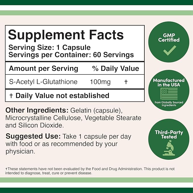 S-Acetyl L-Glutathione Capsules - 100mg 60 Count (Acetylated Glutathione Antioxidant - More Absorbable Than Glutathione and Liposomal Glutathione Non-GMO and Gluten Free) by Double Wood
