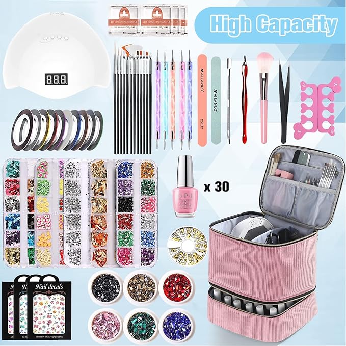 Corduroy Nail Polish Organizer and Nail Lamp Case Nail Kit Organizer Holds 30 Bottles (15ml - 0.5 fl.oz) and a Nail Lamp Nail Polish Carrying Case with Manicure Tools Storage Sections (Pink)