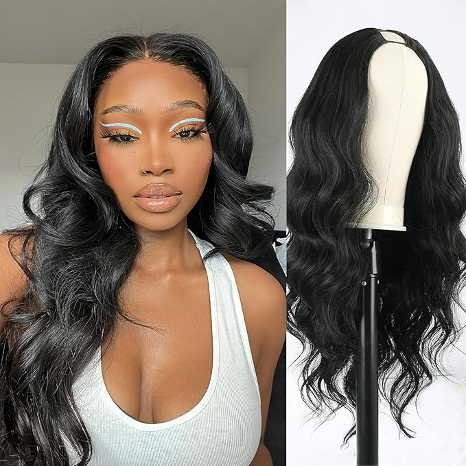 KRSI Black V Part Wig 24 Long Body Wave Synthetic U V Part Half Wigs Glueless Upgrade U Part Wig Glueless Full Head Clip in Hair Extensions for Black Women
