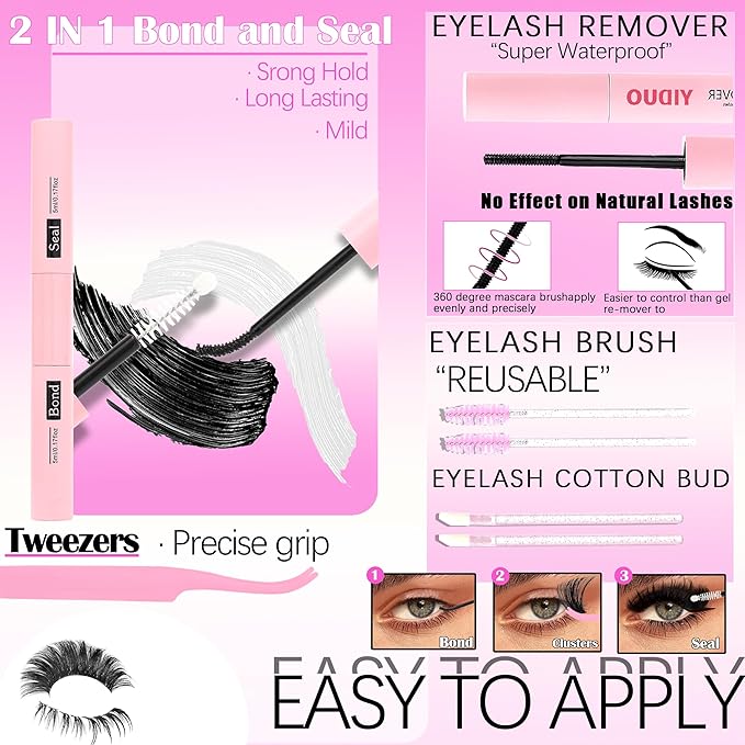 6 Styles Mix Lashes Clusters Kit 3 Box Cluster Lash Book Kit with 2X Bond&ampSeal 1520Pcs 100D/200D/300D Volume Individual Eyelash Extension Gift Packs for Beginners. DIY at Home Easily