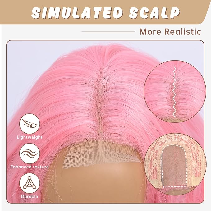 Medium Length Pink Wigs for Women 18 Inch Middle Part Wavy Pink Wig Natural Looking Synthetic Heat Resistant Fiber Wig for Daily Party Use (18 inch)