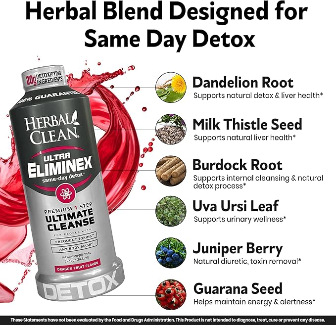 Herbal Clean Same Day Ultra Eliminex Detox Cleanse Drink* (32 fl oz) - Dragon Fruit Flavor Full Body Cleanse Detox Drink with Milk Thistle Seed* for high Toxin* Vitamin B12 for Men &amp Women