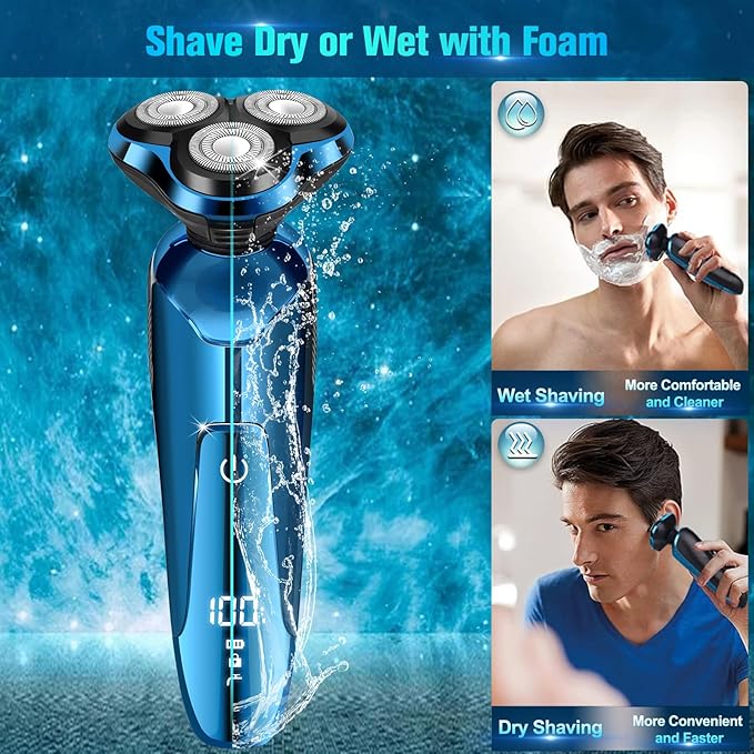 Electric Razor for Men Cordless 3D Rotary Head Shavers for Men Face Wet/Dry Waterproof LED Display Ideal Gift for Husband/Dad/Boyfriend (Blue)
