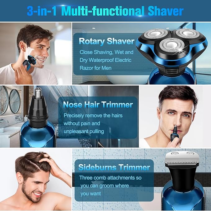 Electric Razor for Men Cordless 3D Rotary Head Shavers for Men Face Wet/Dry Waterproof LED Display Ideal Gift for Husband/Dad/Boyfriend (Blue)