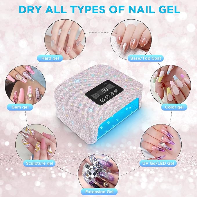 Aedavey Cordless UV Nail Lamp Rechargeable UV Light for Gel Nails LED Nail Lamp with 4 Timer Modes Gel Nail UV Light Decorate with Sparkling Nail Rhinestones (Sparkly White)