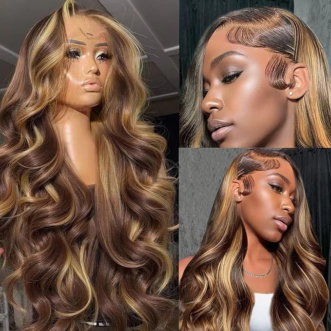 Ombre Brown Balayage Honey Blonde Highlight Wigs Human Hair Glueless Lace Front Wigs Human Hair Body Wave 13x6 Lace Front Wigs Pre Plucked Human Hair 20 Inch Brown Balayage Blonde Highlights Wig