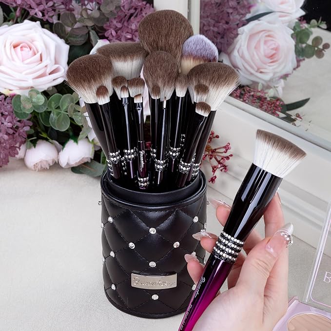 Bueart Design 16PCS Ultra Soft Makeup Brushes Sets with HolderProfessional Make up Brushes with Diamond(Purple-Black Gradient &amp Holder)