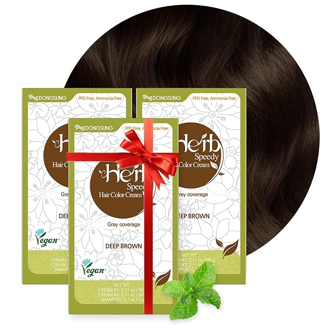Dongsung Herb Speedy Color Cream(Deep Brown 3Pack) Korean Herbal Vegan Hair Dye PPD-Free Ammonia-Free Hypoallergenic 100% Gray Coverage Odorless Dermatologically Tested Quick 20-Minute Application