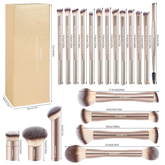 MAANGE 20 Pcs Makeup Brushes with Gift Box Double-End Multi-functional Makeup Brushes for Blending Liquid Powder Concealer Cream Blush BuffeChampagne