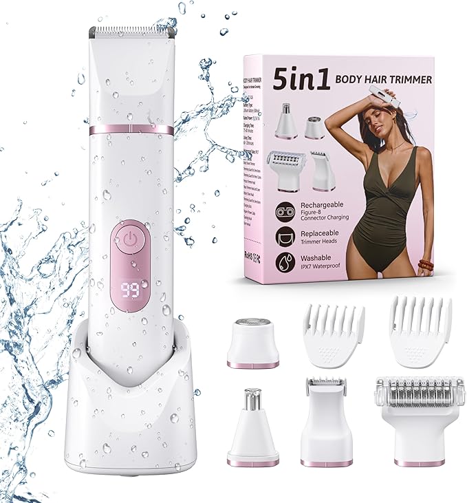 5-in-1 Bikini Trimmer for Women: IPX7 Waterproof Electric Razor Shaver for Face Pubic Area Leg Arm Underarm Nose Cordless Rechargeable Body Hair Removal Battery Display Ceramic Blade