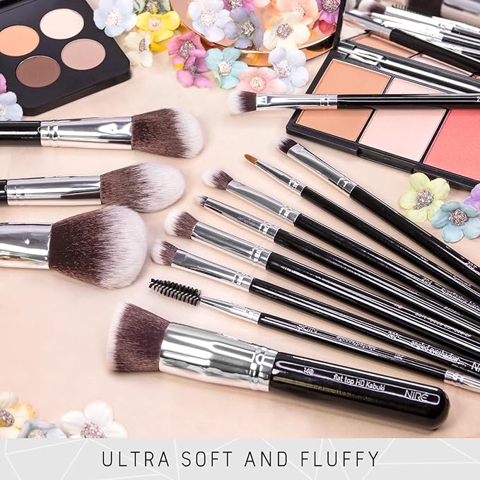 Nir? Beauty 15piece Award Winning Professional Makeup Brush Set: Vegan Makeup Brushes with Case Makeup Sponge Brush Cleaner Guide Gift Box