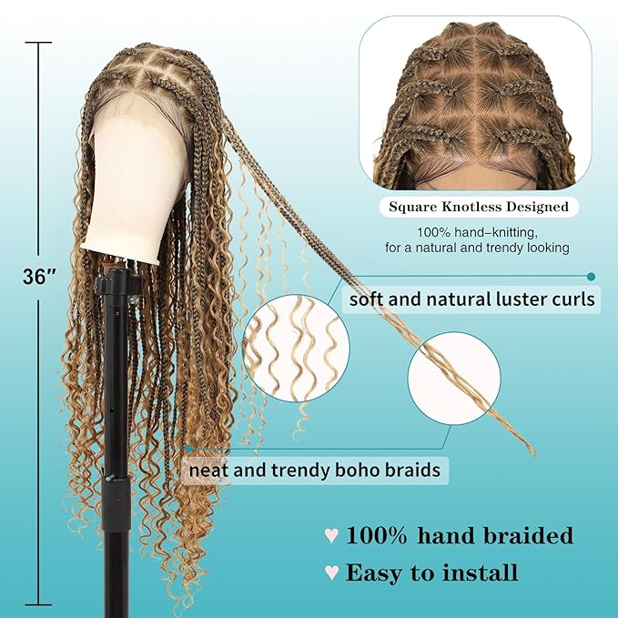 Kalyss HD Full Lace Boho Braided Wigs for Women 360 Lace Front Box Braided Wigs with Baby Hair Light Brown Premium Synthetic Knotless Braid Wig 36