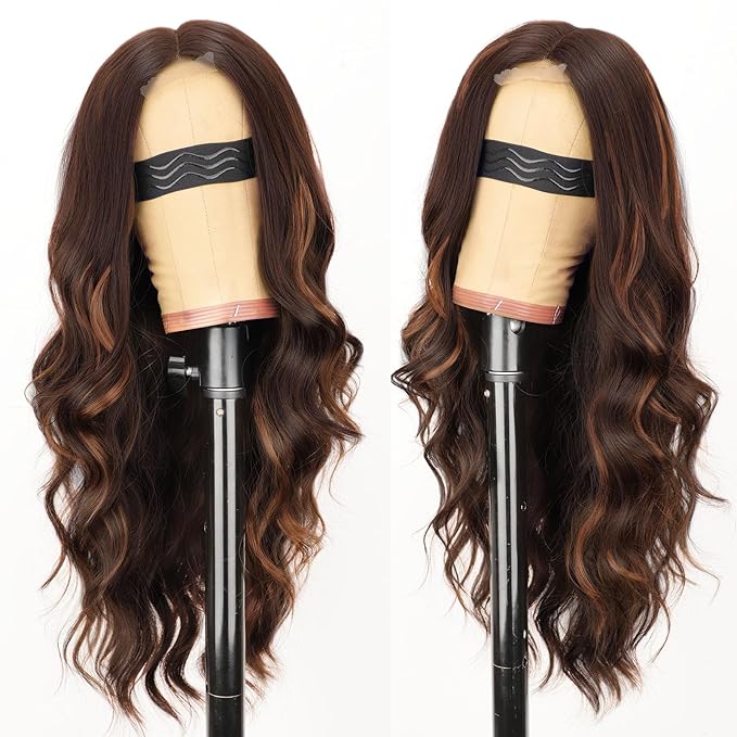 AISI HAIR Chocolate Copper Brown Mixed Light Brown Wig for Women Long Wavy Lace Hairline Middle Part Synthetic Heat Resistant Wig for Daily Party-26 Inch