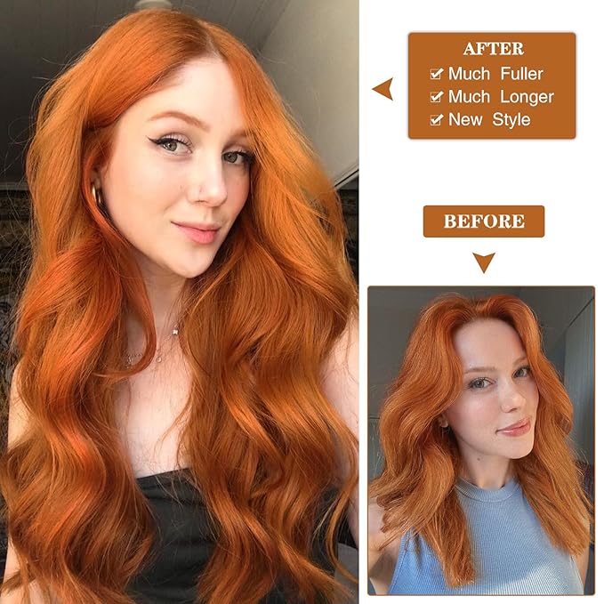 WECAN Clip In Hair Extensions 20 Inch 6pcs Copper Red Long Wavy Curly Hair Extensions Ginger Synthetic Fiber Double Weft Soft Hairpieces For Women Full Head