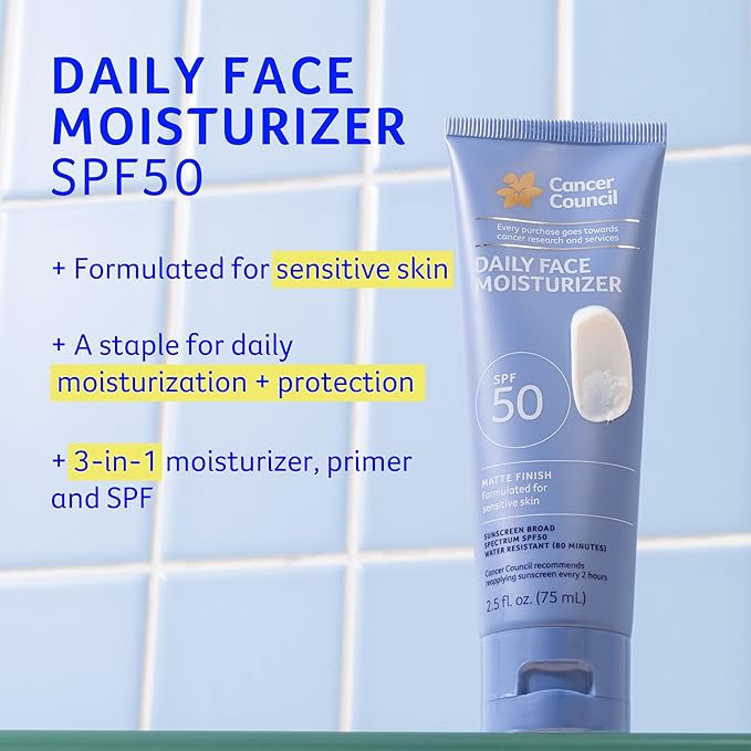 Cancer Council Daily Moisturizer Sunscreen for Face SPF50+ Sun Care with Green Tea Extract Broad Spectrum UVA/UVB Sun Protection Sensitive Skin Paraben &amp Fragrance Free Water Resistant 2.5fl