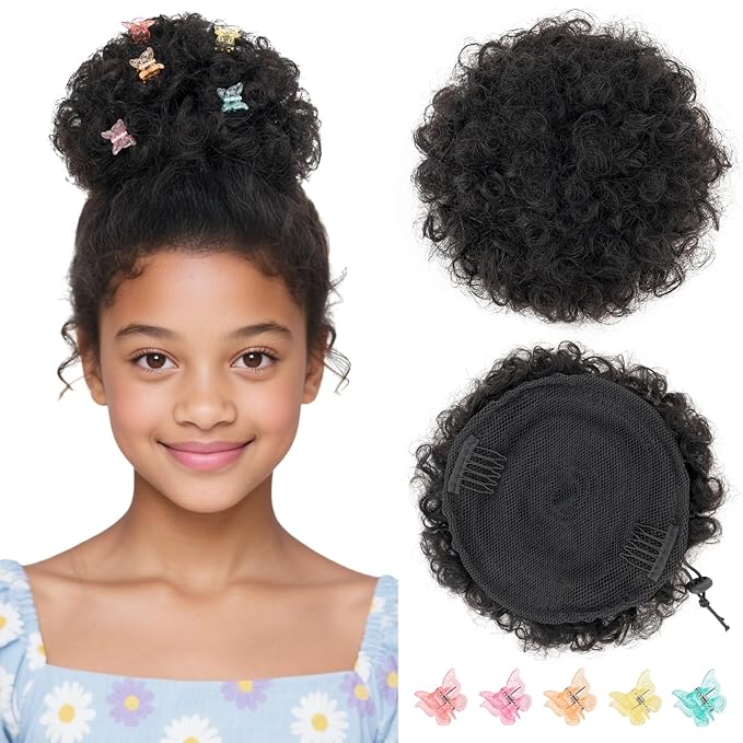 Hairro Afro Puff Hair Bun For Kids Human Hair Drawstring Ponytail Extensions For African Black Women Girls Remy Kinky Curly Scrunchy Hairpieces 40g 6 #1B Natural Black