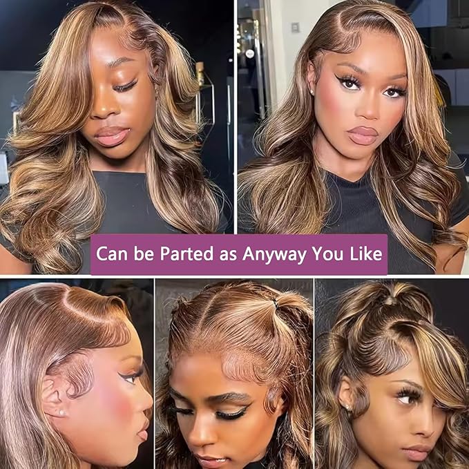 Ombre Brown Balayage Honey Blonde Highlight Wigs Human Hair Glueless Lace Front Wigs Human Hair Body Wave 13x6 Lace Front Wigs Pre Plucked Human Hair 20 Inch Brown Balayage Blonde Highlights Wig