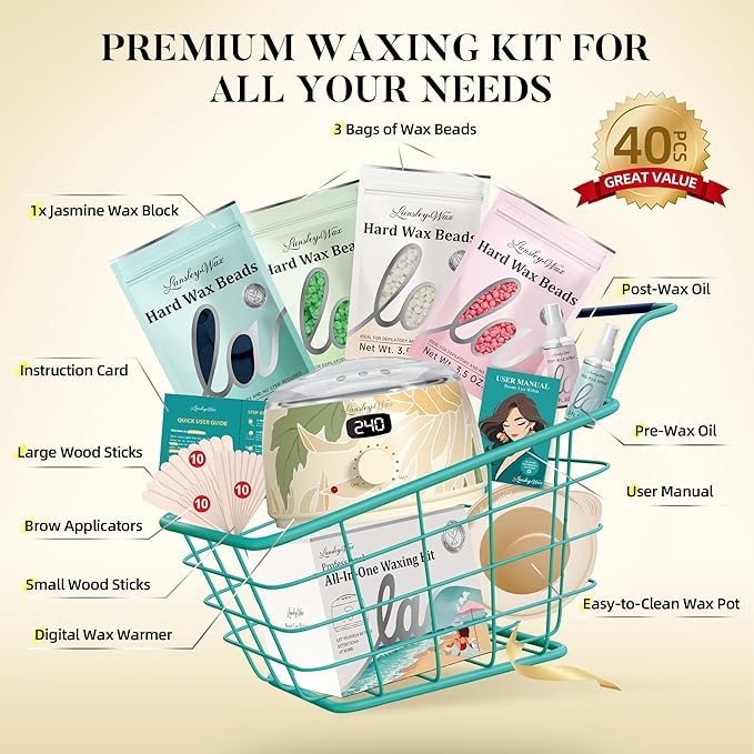 LANSLEYWAX Digital Waxing Kit for Women Men - YOLO Flora Waxing Machine with 39 Accessories - Hard Wax Kit for Arm Leg Brazilian Bikini Face Sensitive Skin Wax Warmer Hair Removal for Home/Salon Use