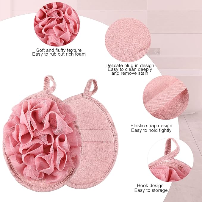 12 Pieces Shower Puff Bath Travel Loofah with Elastic Hand Strap Exfoliating Shower Gift Bulk Washable Loofah Mesh Sponges Bath Flower Ball Pad Body Scrubber for Men and Women