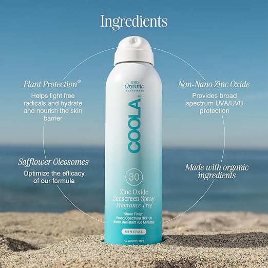 COOLA Organic Mineral Sunscreen SPF 30 Sunblock Spray Dermatologist Tested Skin Care for Daily Protection Vegan and Gluten Free Fragrance Free 5 Fl Oz