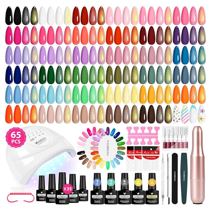 VANREESA Gel Nail Polish Kit with U V Light and Nail Drill Kit 65 Pcs Gel Polish Nail Set 35 All Season Colors Nail Polish Set Base Coat &amp 4 Effects Top Coat Complete Nail Kit Gifts for Women