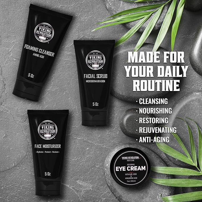 Viking Revolution Men's Facial Skin Care Kit - Includes Rejuvenating Face Moisturizer Microdermabrasion Facial Scrub Foaming Cleanser (5oz Each) and Eye Cream (1oz)