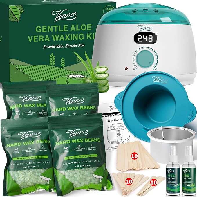 Waxing Kit for Women Men - Premium Digital Wax Melt Warmer Kit for Sensitive Skin Coarse Hair Removal - 14oz Hard Wax Beads &amp Silicone Liner - for Bikini Brazilian Body Face Leg - Home Wax Kit