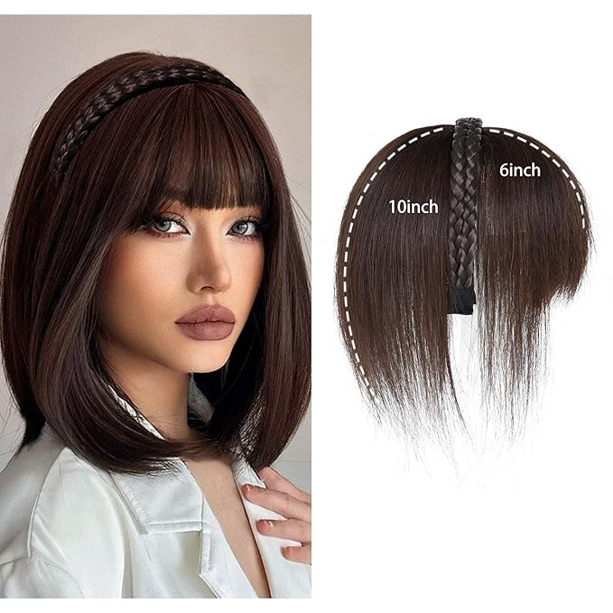 10 Straight Hair Piece With Twist Braid Headband for Women Human Hair Clip In Topper Hair Extension With Bangs (3# Dark Brown)