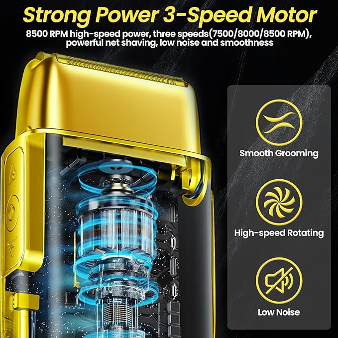 Electric Foil Shavers for Men 3 Speed Electric Razor for Men High Speed Dual Floating Blades IPX7 Waterproof Wet &amp Dry LED Display USB Type C Charging Foil Razor for Face/Beard/Head (Gold)