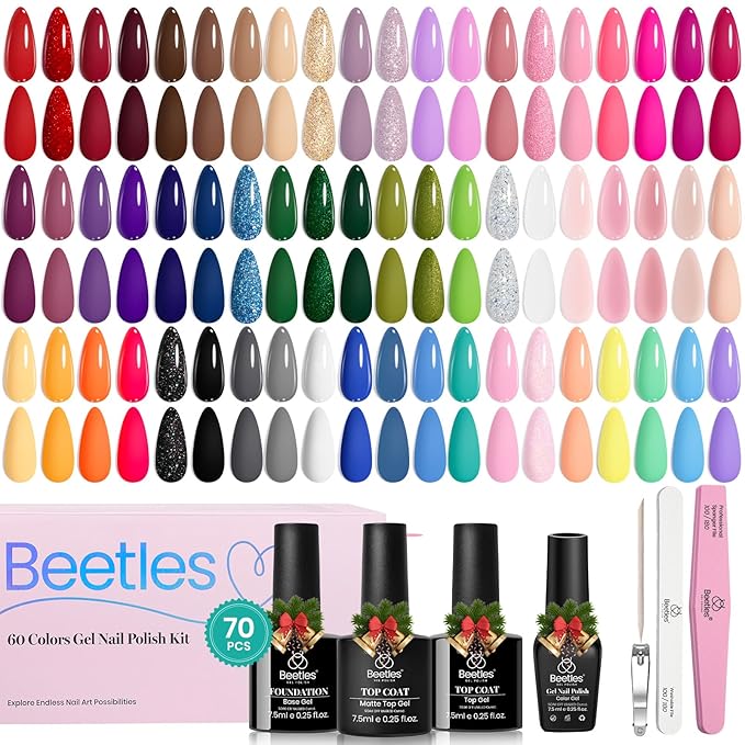 Beetles Winter Gel Nail Polish Set 70 PCS 60 Colors Red Green Pink Brown Blue Nude Glitter Gel Nail Polish Kit with Base Top Coat for Beginners UV LED Needed DIY Salon Christmas Gifts for Women