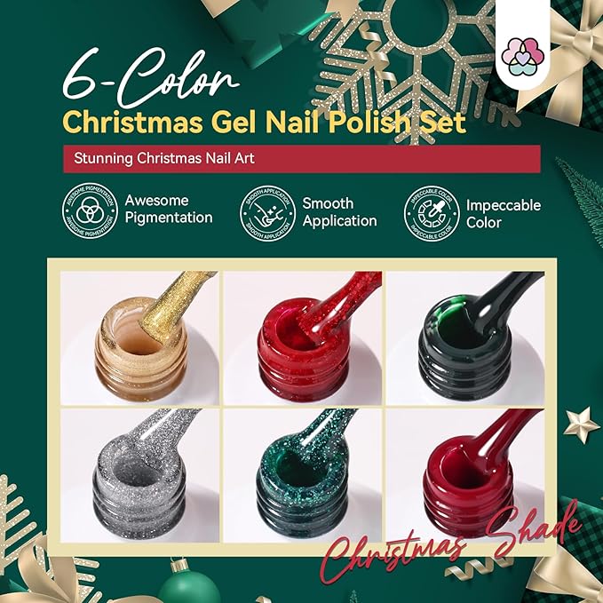 SAVILAND Christmas Gel Nail Polish Kit - 6 Colors Gel Nail Polish Kit with U V light Christmas Limited Series 2.12oz. Clear Builder Nail Gels UPF 200+ U V Protection Gloves Nail Tech Gifts