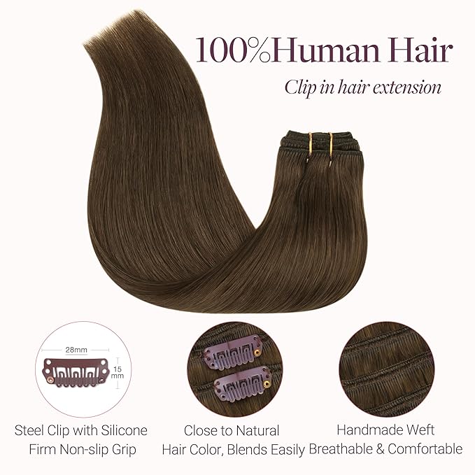 GOO GOO Clip in Hair Extensions Real Human Hair Remy Human Hair Extensions Clip ins for Women Natural Human Hair 14inch 120g 7 Pcs #4H Light Chocolate Brown