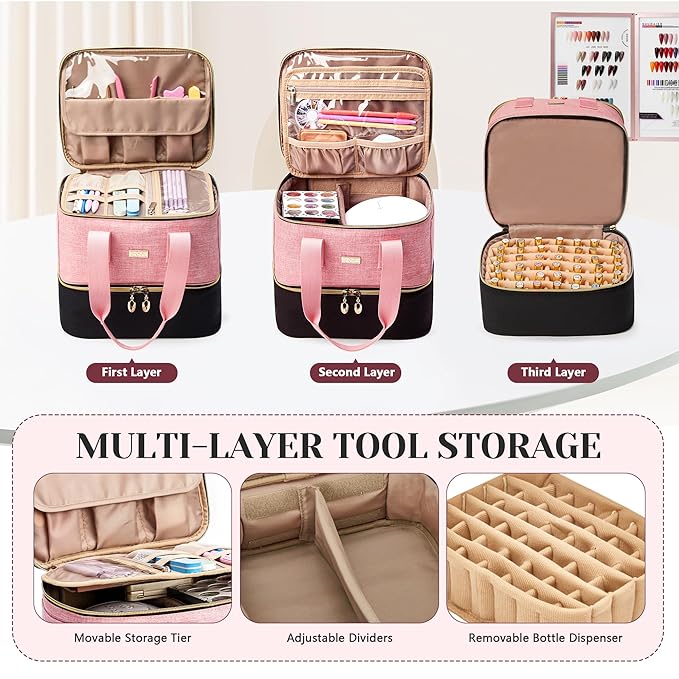 Nail Polish Organizer Double Layer Nail Organizer and Storage Box Holds 42 Bottles &amp Nail Tech Kit Supplies Large Capacity Nail Polish Organizer Case Carrying Bag