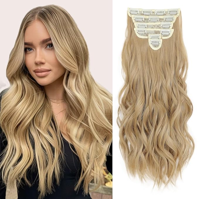 Clip in Hair Extensions for Women Natural Golden Blonde Extensions 20 Inch 6PCS Hairpieces Long Wavy soft Thick Hair Extensions clip ins