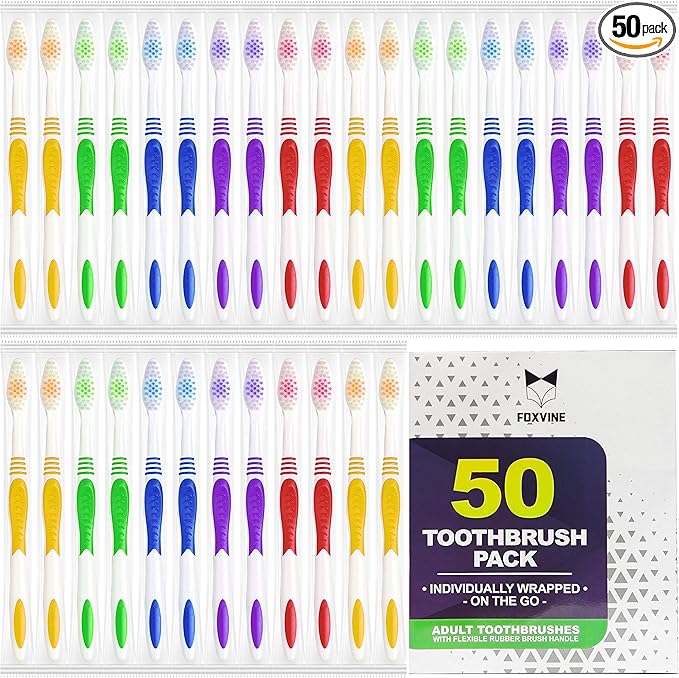 Bulk Toothbrushes 50 Pack | Individually Wrapped Travel Toothbrush Set for Adults &amp Kids | Made with a Medium-Soft Large Brush Head | BPA-Free &amp Disposable!