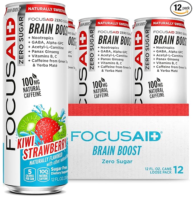 FOCUSAID ZERO SUGAR Nootropics Blend Alpha-GPC GABA 100mg Natural Caffeine from Green Tea Yerba Mate Vitamin B-Complex Keto-Friendly No Artificial Sweeteners 12 Fl Oz (Pack of 12)